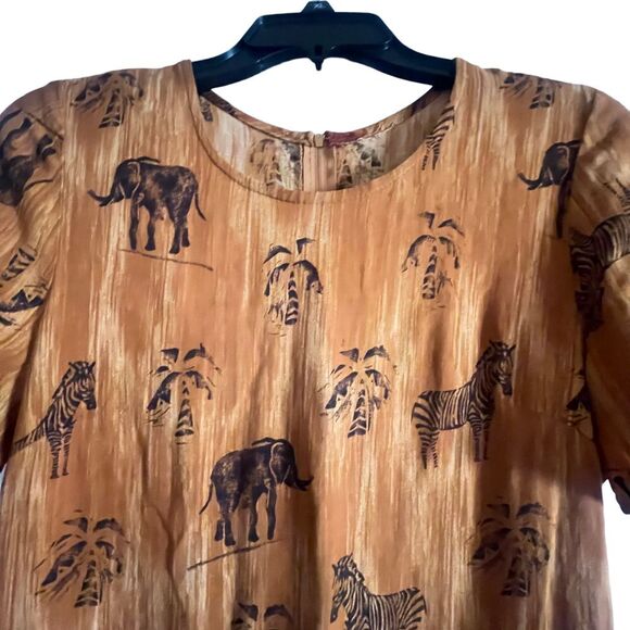 Safari Print Jungle Maxi Dress with Elephants Zebras Palm Trees African Rust - Picture 4 of 9